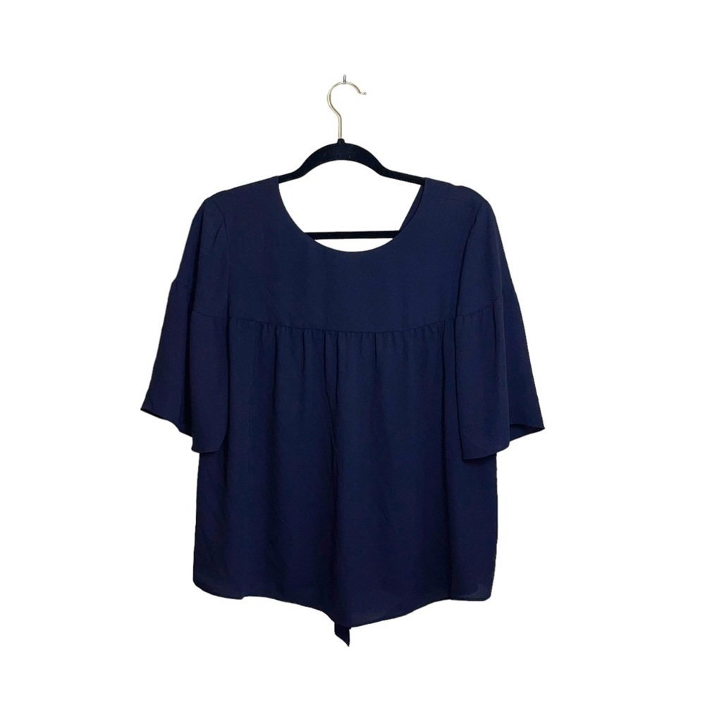 Ann Taylor Tie Back Blouse Solid Navy Blue Flare Sleeve Business Medium Women’s